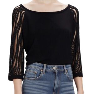 Ann Taylor Black Knit Sweater with Sheer Lace Sleeves Size S